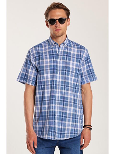 TUDORS Erkek Regular Fit Klasik Kesim %100 Pamuk Keten Doku Cepli Kareli Kısa Kollu Düğmeli Yaka Gömlek - S000519223-23173
