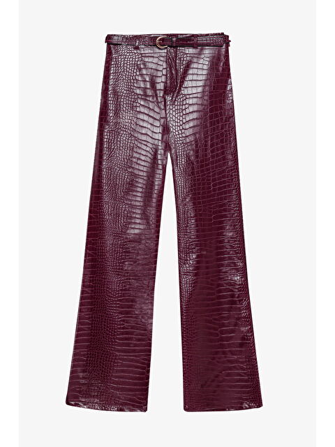 QUZU Kroko Desenli Bol Paça Deri Pantolon Mürdüm - S000464517-20036