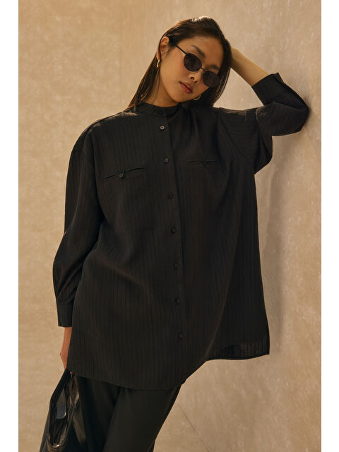 HE-QA Fleto Cep Detaylı Gömlek Siyah