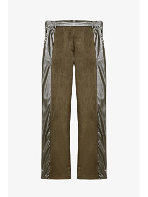 QUZU Deri Garnili Bol Paça Süet Pantolon Haki - S000464518-18547