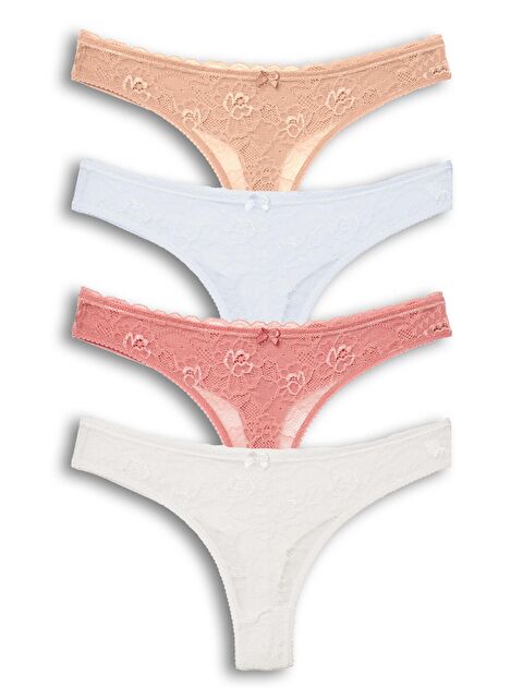Hnx Pamuklu Önü Dantel Arkası Çift Kat Dikişsiz Tanga Kadın Külot 4'lü - S000133054-27074