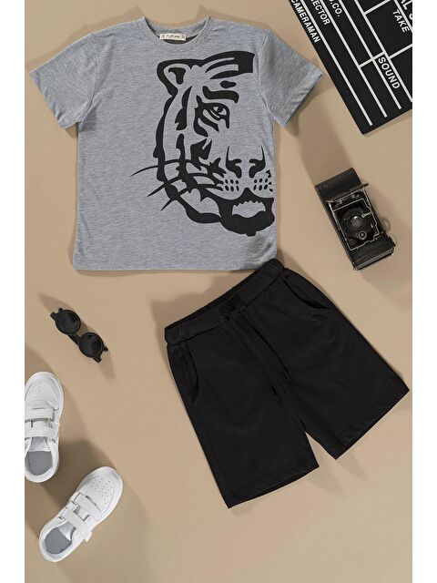 For You Kids Kaplan Baskılı Siyah Tshirt Şort Takım - S000150955-19351