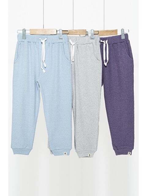 For You Kids 3'lü Mavi Gri Mor Cepli Jogger Set - S000150954-37370