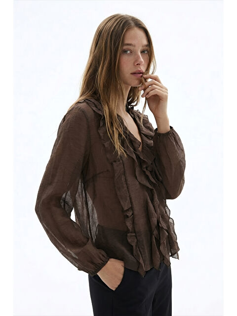QUZU V Yaka Fırfırlı Transparan Bluz Kahverengi - S000523973-19413