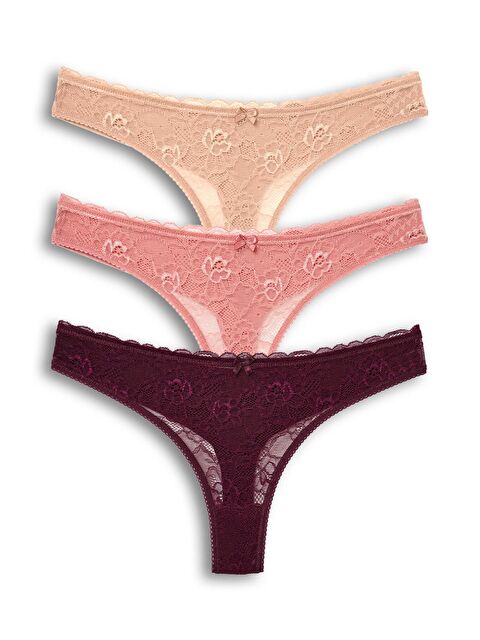 Hnx Pamuklu Önü Dantel Arkası Çift Kat Dikişsiz Tanga Kadın Külot 3'lü - S000131686-37542