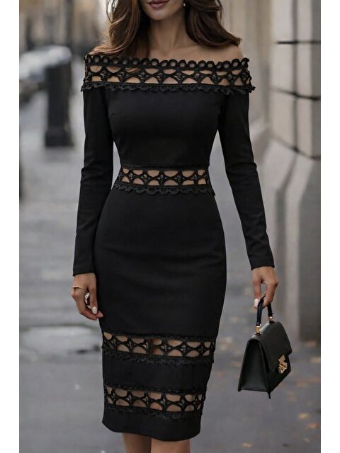 Jane's Kadın Uzun Kollu Madonna Dantel Yaka Yırtmaçlı Midi Dalgıç Elbise - S000528910-19351