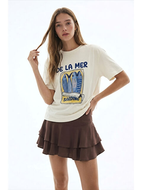 QUZU Sardalya Baskılı Oversize Tişört Ekru - S000523977-19965