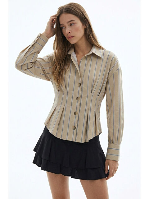 QUZU Çizgili Bele Oturan Gömlek Bej - S000523978-19928