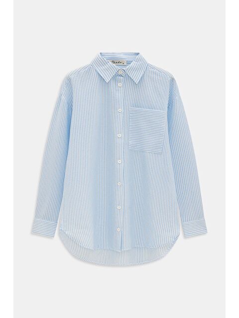 Saade Açık Mavi Kadın Çizgili Dokulu Regular Basic Gömlek - Tek Cepli