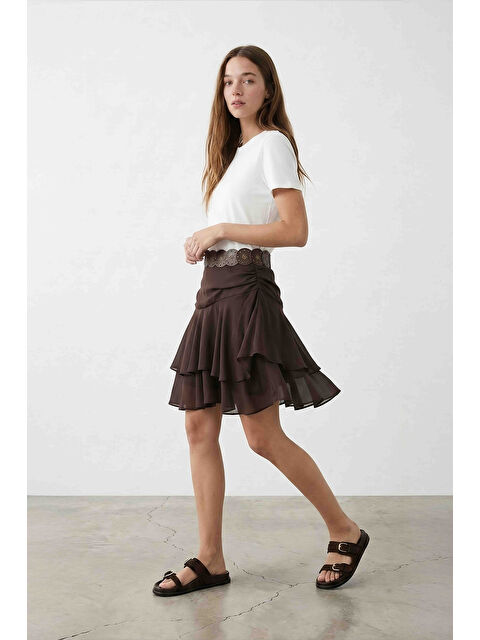 QUZU Kemerli Volanlı Kombine Mini Elbise Ekru - S000523980-19965