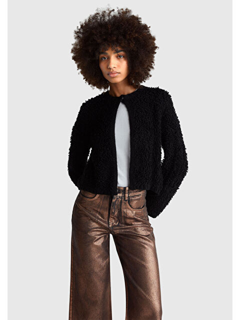 United Colors Of Benetton Kadın Siyah Yün Karışımlı Düğmeli Hırka - S000514128-19351