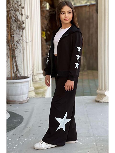 Riccotarz Kız Çocuk Askılı Crop Fermuarlı Star Baskılı Bol Kesim Siyah Eşofman Takım - S000393432-19351