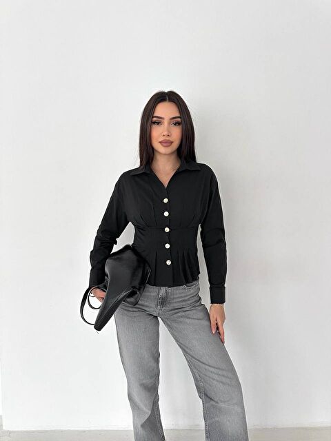 carla10 Kadın Korse Detaylı Gold Düğmeli Siyah Gömlek - S000506677-19351
