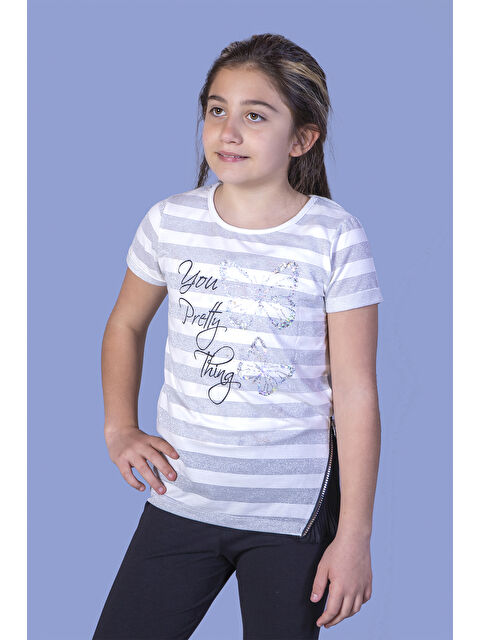 Toontoykids Kız Çocuk Çizgili Kelebek Baskılı Tişört