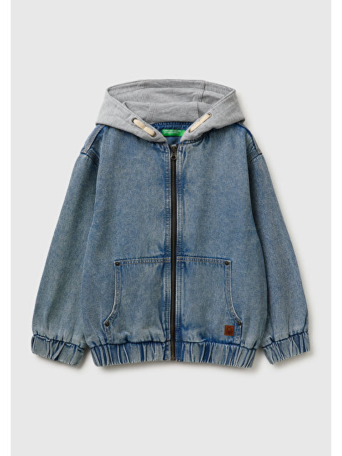 United Colors Of Benetton Erkek Çocuk Mavi Logo Etiketli Polar Kapüşonlu Denim Bomber Ceket