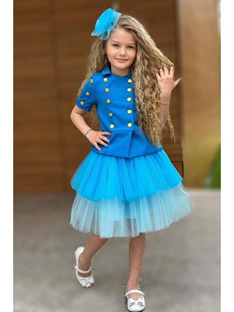 Riccotarz Kız Çocuk Üzeri Gold Düğme Detaylı Gömlek Çift Mavi Renkli Etekli Takım - S000393442-17234