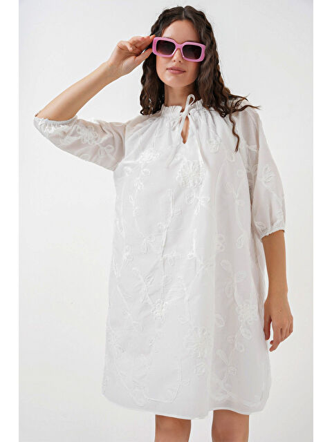 Bigdart Kadın Desenli Kısa Elbise 2528 - Beyaz - S000355603-20063