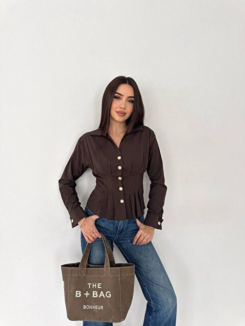 carla10 Kadın Korse Detaylı Gold Düğmeli Kahve Gömlek - S000506677-19413