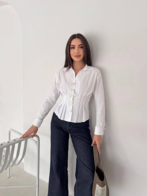 carla10 Kadın Korse Detaylı Gold Düğmeli Beyaz Gömlek - S000506677-20063