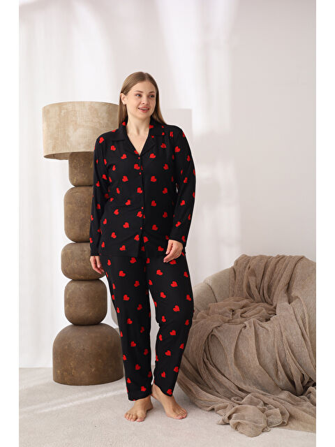 SEBOTEKS Boydan Düğmeli Kalp Desenli Süet Kumaş Büyük Beden Kadın Pijama Takımı 555 - S000489822-19351