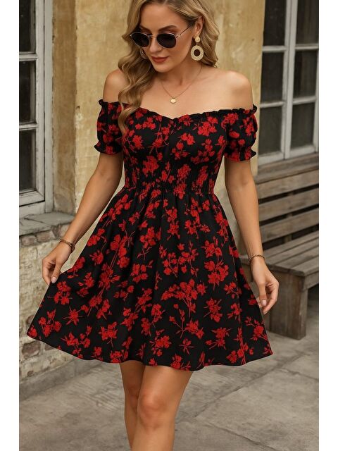 Jane's Kadın Kısa Kollu Madonna Yaka Beli Lastikli çiçek Desenli Kısa Süprem Elbise - S000528912-19351