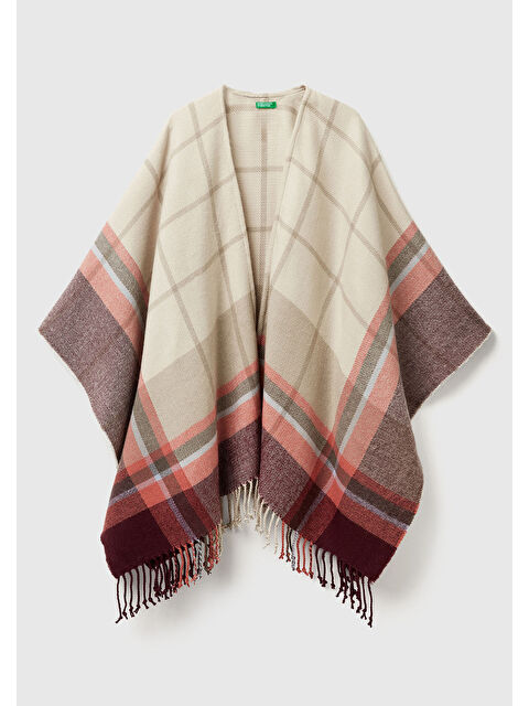 United Colors Of Benetton Kadın Kahverengi Desenli Ekose Desenli Jakarlı Püskül Detaylı Panço