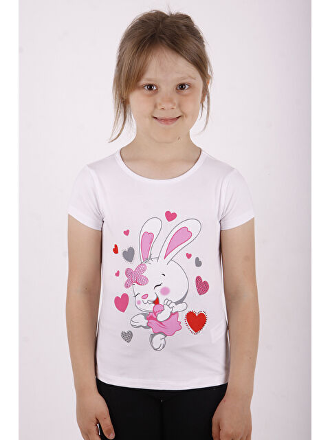 Toontoykids Kız Çocuk Kalpli Tavşan Baskılı Tişört