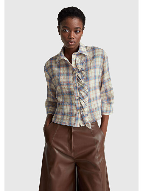 United Colors Of Benetton Kadın Mavi Pamuk Karışımlı Kareli Fırfır Detaylı Gömlek - S000514133-17234