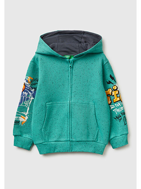 United Colors Of Benetton Erkek Çocuk Yeşil Fermuarlı Kol Baskılı Kapüşonlu Sweatshirt