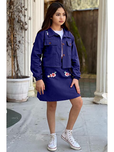 Riccotarz Kız Çocuk Omuzlarında Çiçek işlemeli Ceket Croplu Gabardin Lacivert Etekli Takım - S000393448-21164