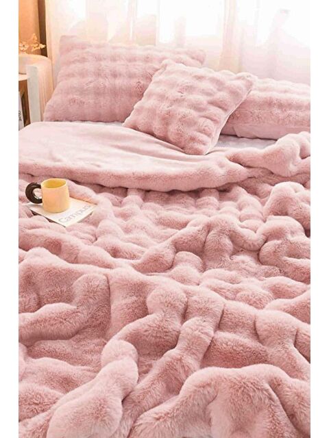 Çeyiz Diyarı Tomris Tavşan Tüyü Çift Kişilik Yatak Örtüsü 220x240 Cm Pudra - S000493273-7152