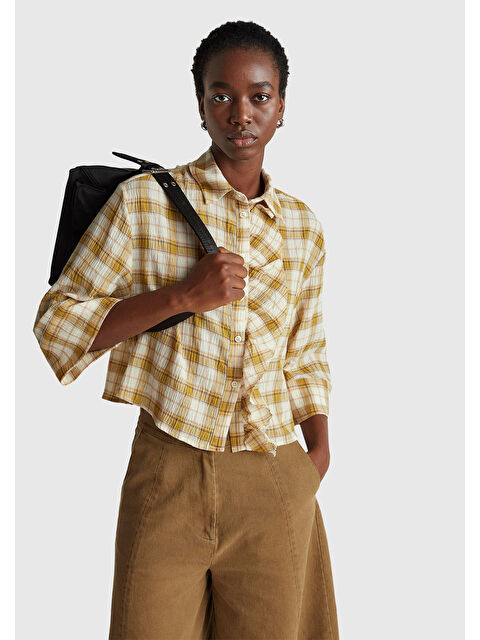 United Colors Of Benetton Kadın Sarı Pamuk Karışımlı Kareli Fırfır Detaylı Gömlek - S000514133-20072