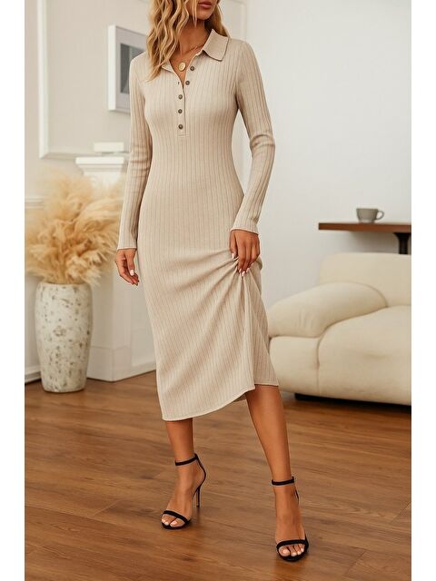 Jane's Kadın Uzun Kollu Yakalı Düğmeli şardonlu Kaşkorse Elbise - S000528919-19928