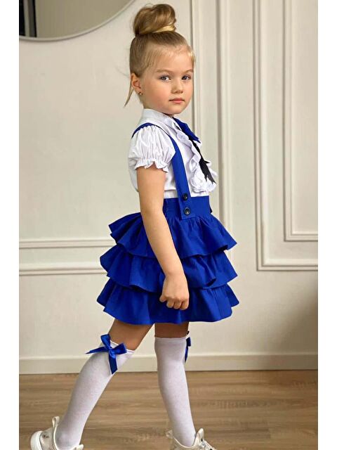 Riccotarz Kız Çocuk Balon Kollu Yakası Fırfırlı Gömlek Kat Kat Fırfırlı Mavi Etekli Salopet Takım - S000393449-17234