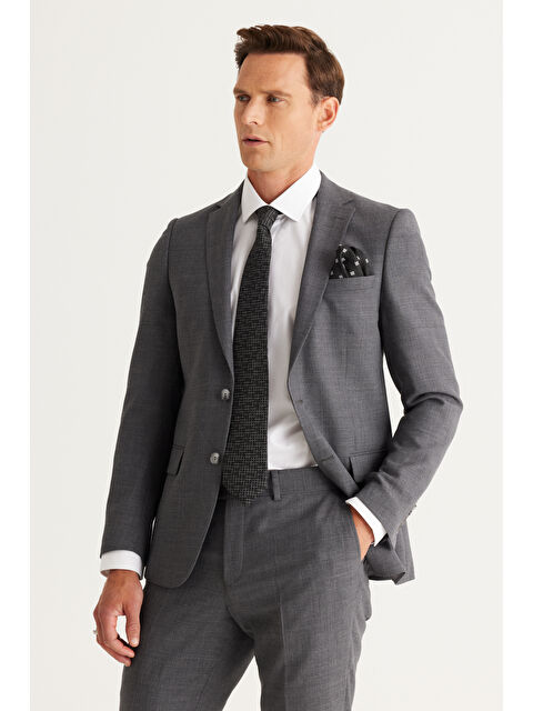 Altınyıldız Classics Erkek Gri Slim Fit Dar Kesim Mono Yaka Yünlü Takım Elbise - S000402984-20600