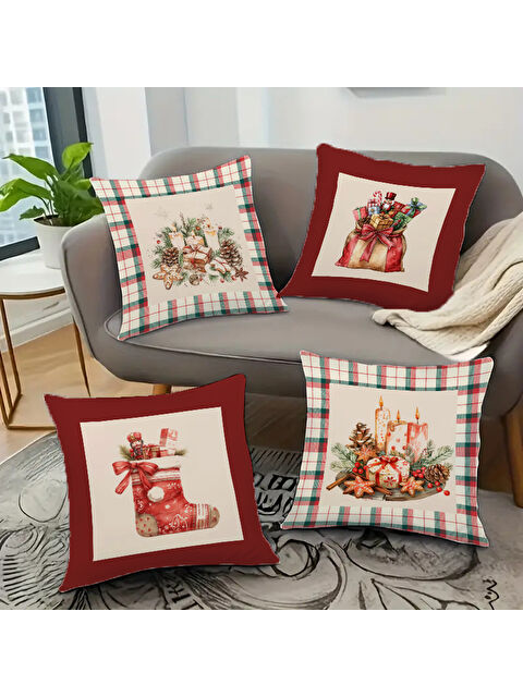 Evmila 4 lü Yılbaşı Temalı Fermuarlı Kadife Kırlent Kılıfı Seti - S000291182-23173