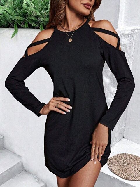 Jane's Kadın Uzun Kollu Omuz Açık Askı Detay Viskon Mini Boy Elbise - S000528921-19351