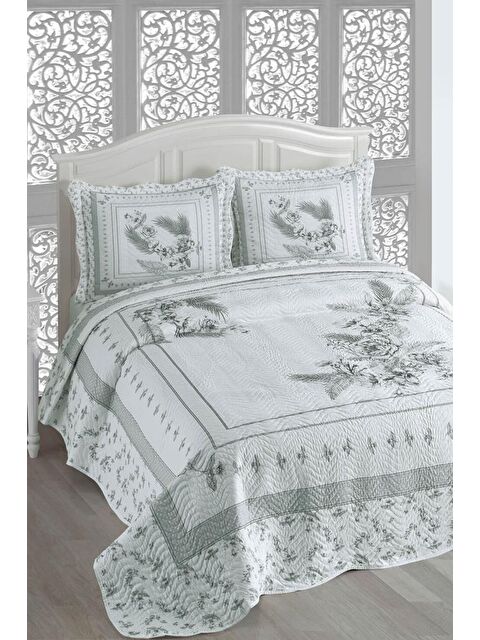 Çeyiz Diyarı Asya Baskılı Kapitoneli Çift Kişilik Yatak Örtüsü Gri - S000493296-20600