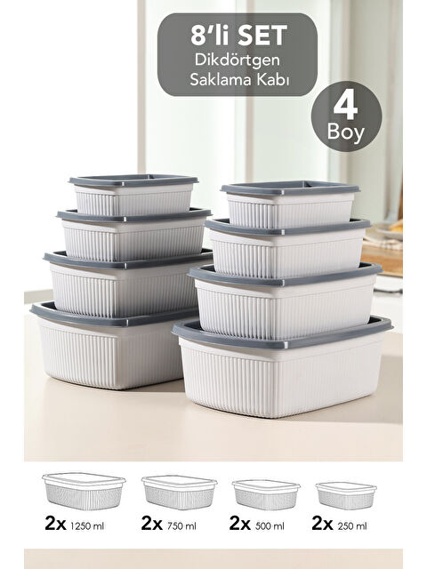 Meleni Home 8'li Çizgili Dikdörtgen Gıda Saklama Kabı Seti