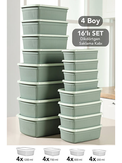 Meleni Home 16'lı Çizgili Dikdörtgen Gıda Saklama Kabı Seti