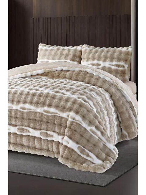 Çeyiz Diyarı Su Yolu Tavşan Tüyü Çift Kişilik Yatak Örtüsü 220x240 Cm Cappucino - S000493301-19413
