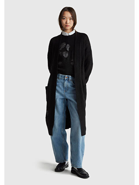 United Colors Of Benetton Kadın Siyah Yün Karışımlı Ribana Detaylı Cepli Uzun Hırka - S000514135-19351