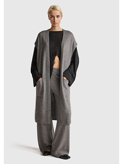 United Colors Of Benetton Kadın Antrasit Melanj Yün ve Kaşmir Karışımlı Ribana Detaylı Kısa Kollu Uzun Hırka - S000514126-74