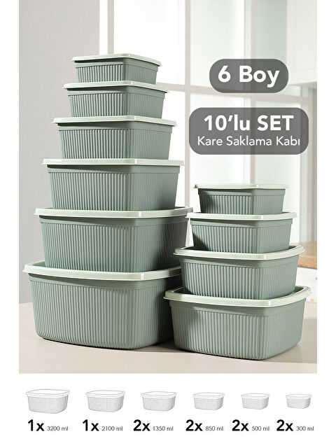 Meleni Home 10'lu Çizgili Kare Erzak Gıda Saklama Kabı Seti