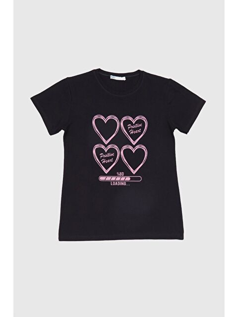 Fullamoda %100 Pamuk Kalp Baskılı Kız Çocuk Tişört - S000422025-19351