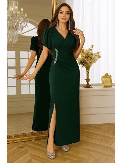 Jane's Kadın Kısa Kollu Kruvaze Yakalı Belden çiçek Aksesuarlı Yırtmaçlı Ithal Krep Elbise - S000527743-18194