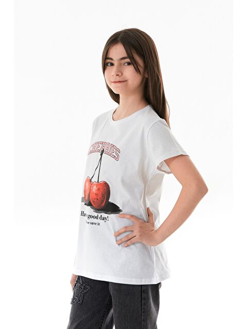 Fullamoda %100 Pamuk Kiraz Baskılı Bisiklet Yaka Kız Çocuk Tişört - S000422026-20063