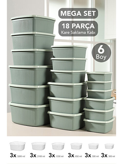 Meleni Home 18'li Çizgili Kare Erzak Gıda Saklama Kabı Seti