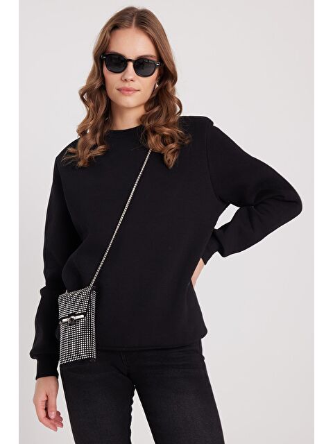 TUDORS Kadın Oversize Geniş Kesim Pamuklu 3 İplik İçi Polarlı Basic Siyah Bisiklet Yaka Sweatshirt - S000523103-19351