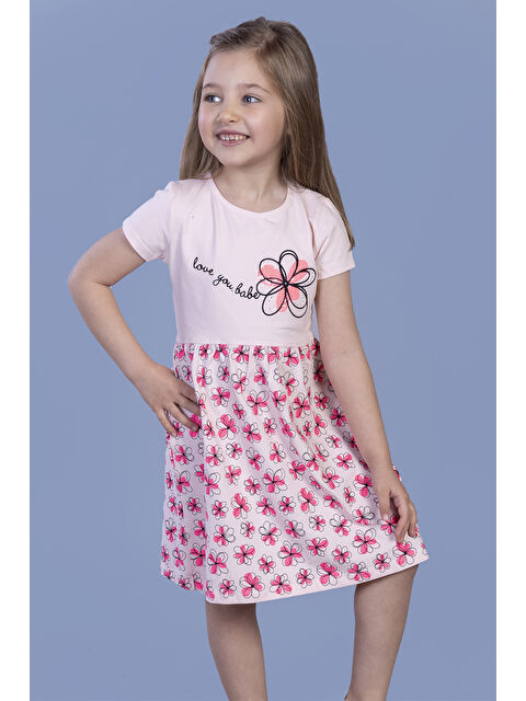 Toontoykids Kız Çocuk Çiçek Desenli Yazı Nakışlı Pullu Taş İşlemeli Elbise